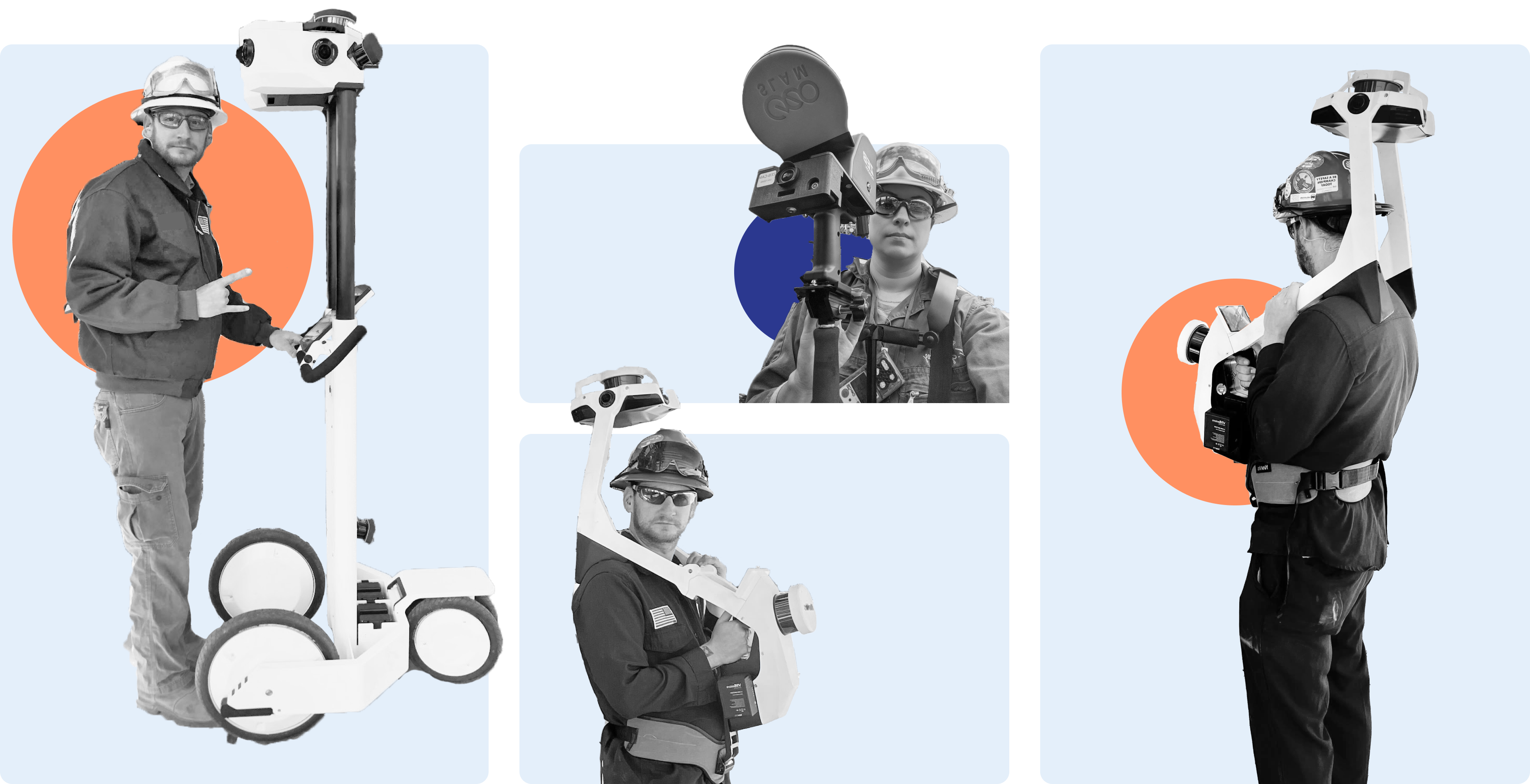 A photo collage showing several Ei employees with different devices used in their work.