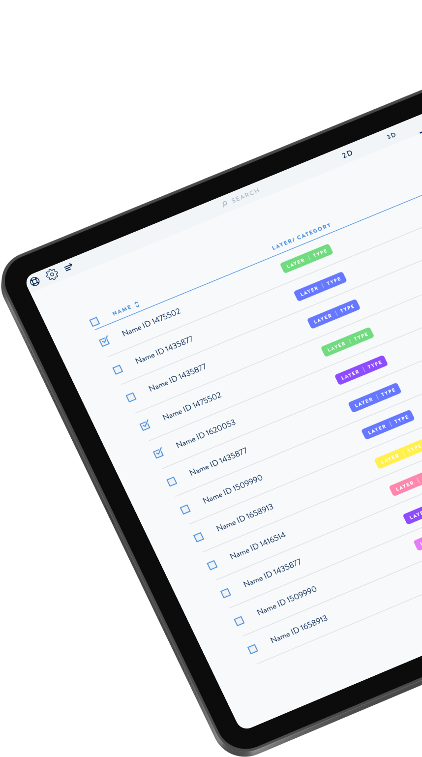 Tablet mockup showing the List view of Ei platform