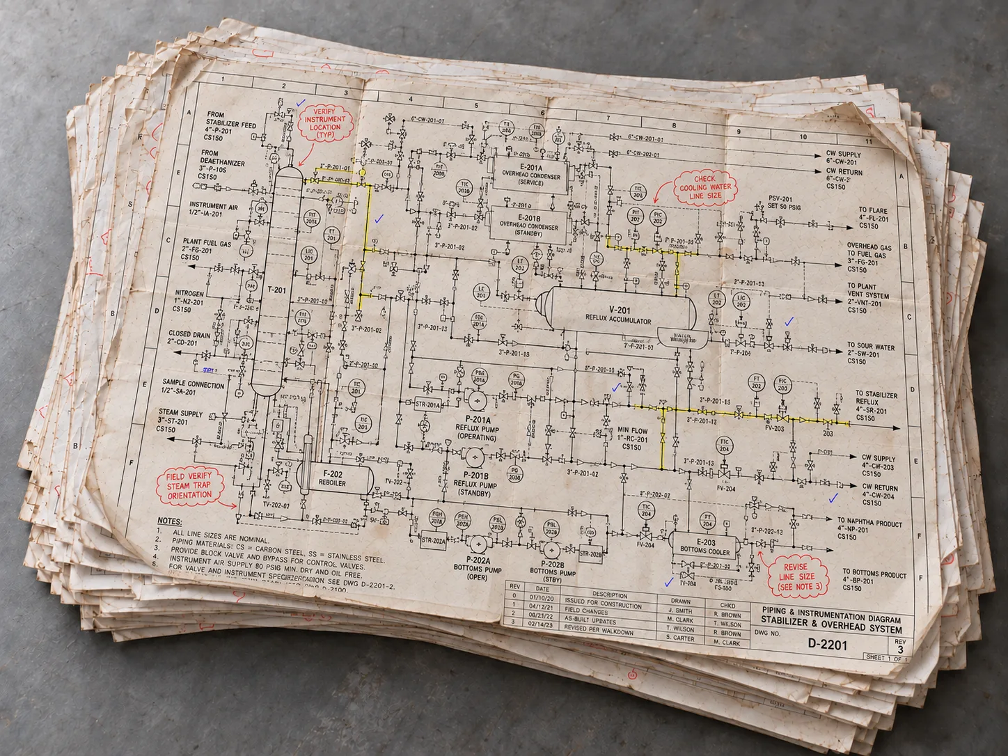 Stack of worn paper P&IDs with handwritten redlines