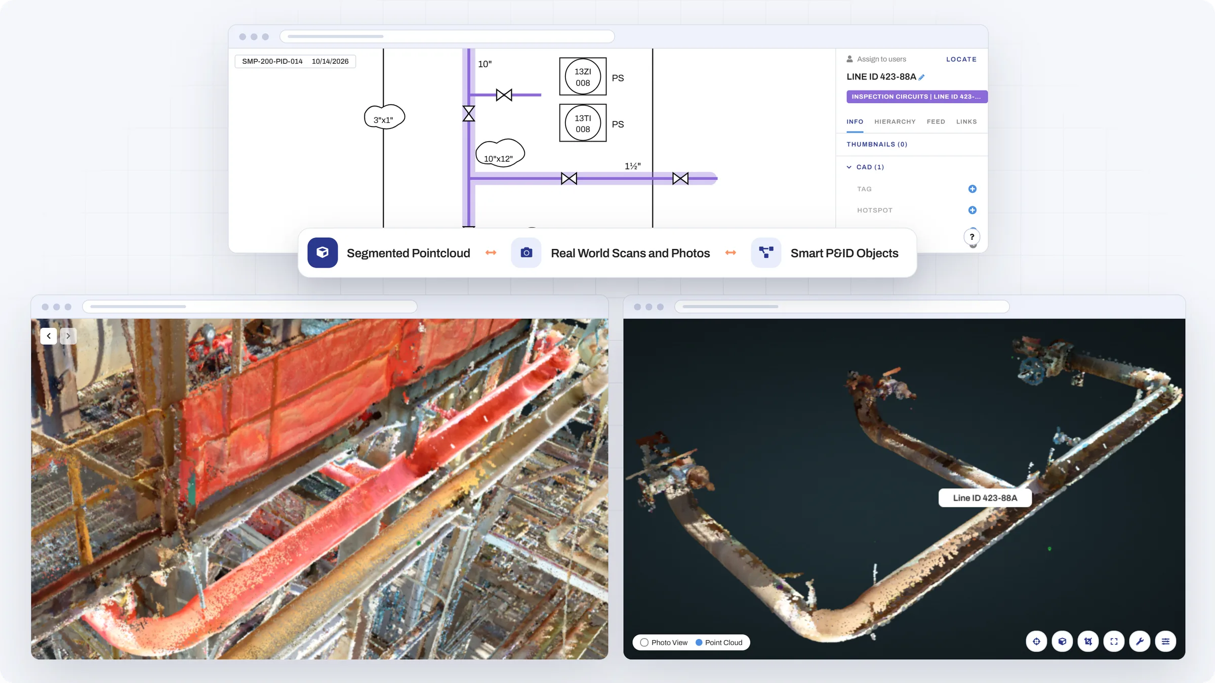 Smart P&ID line linked to the segmented point cloud and real-world scans and photos