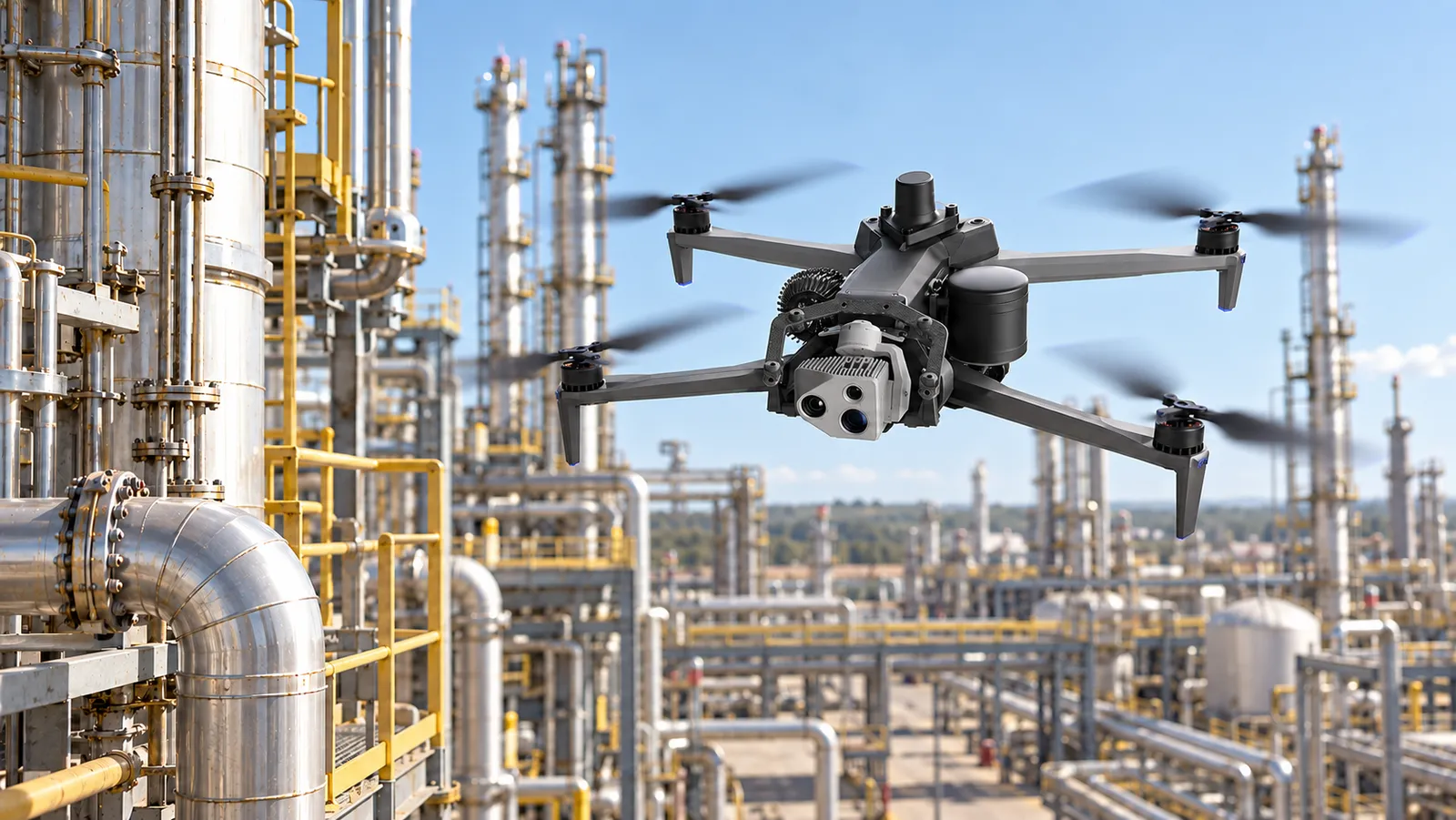 A drone inspecting refinery structures.