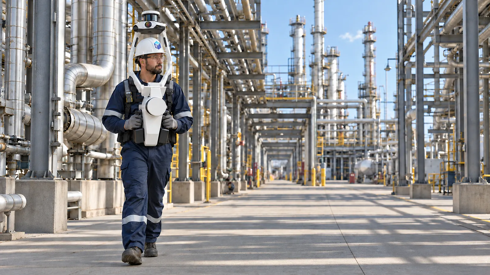 Ei technician walking a refinery pipe rack with a NavVis VLX wearable scanner.