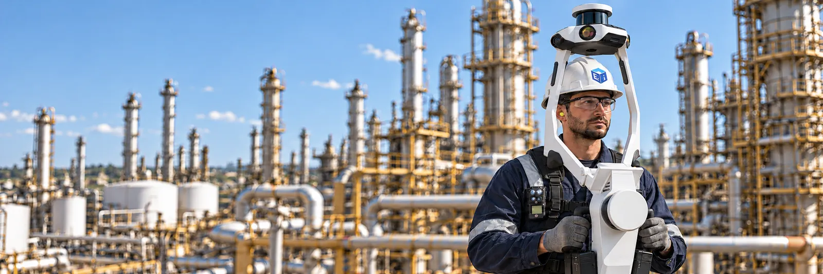 Ei technician wearing a NavVis VLX mobile scanner in a refinery.