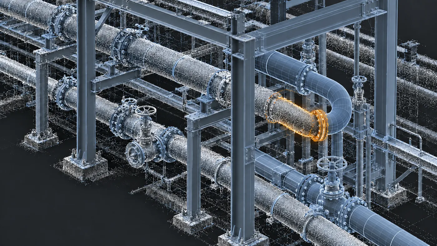 Refinery pipework represented as point-cloud data and a 3D model.