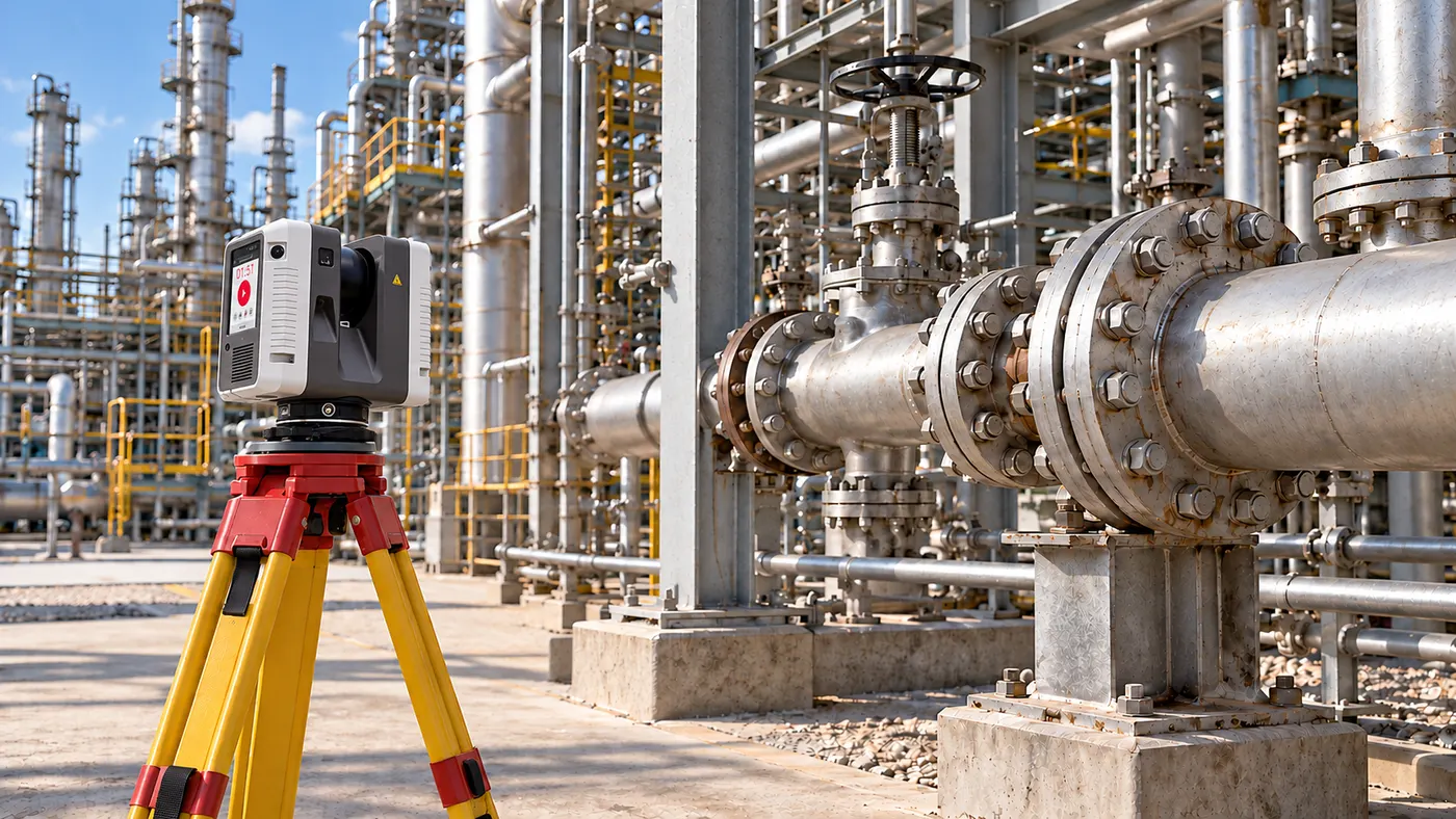 Leica RTC360 laser scanner on a tripod beside flanged refinery piping.
