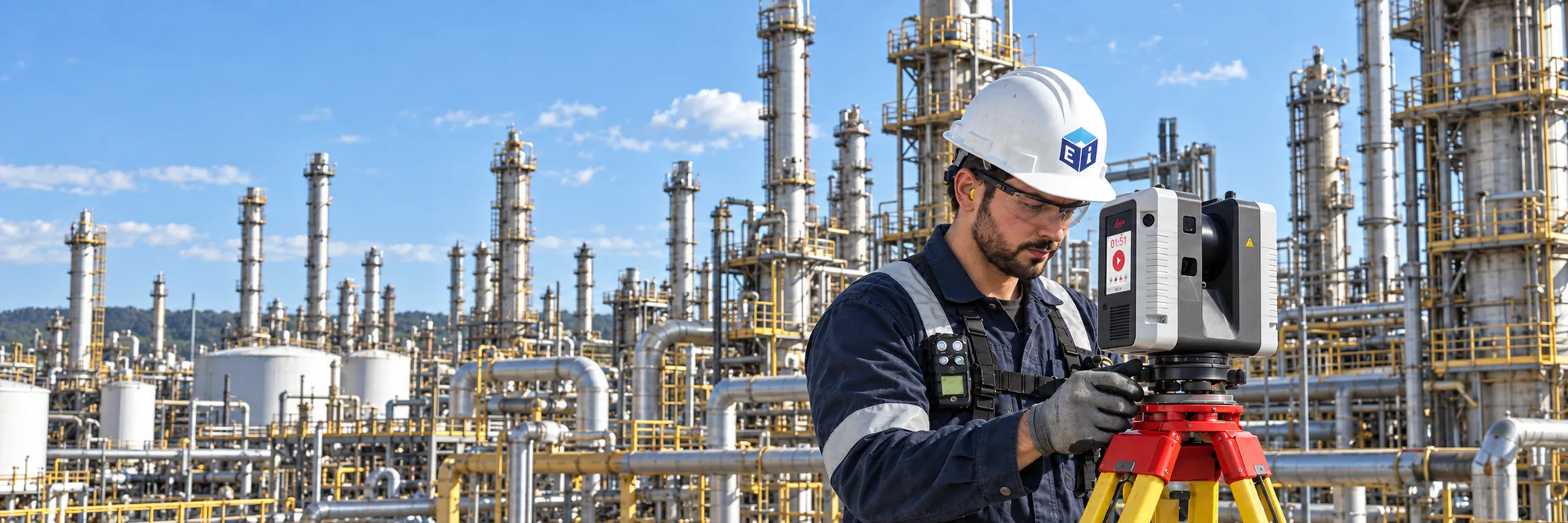 Ei technician operating a Leica RTC360 laser scanner at a refinery.